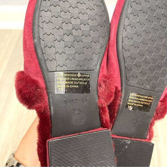 Birdies Slippers Women’s 7.5 The Songbird Merlot Ruby Red Suede & Fur Mule - Picture 6 of 6